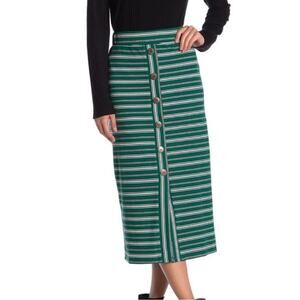 Urban Outfitters Women's Stretch Pencil Green Striped Midi Button Down Skirt - L